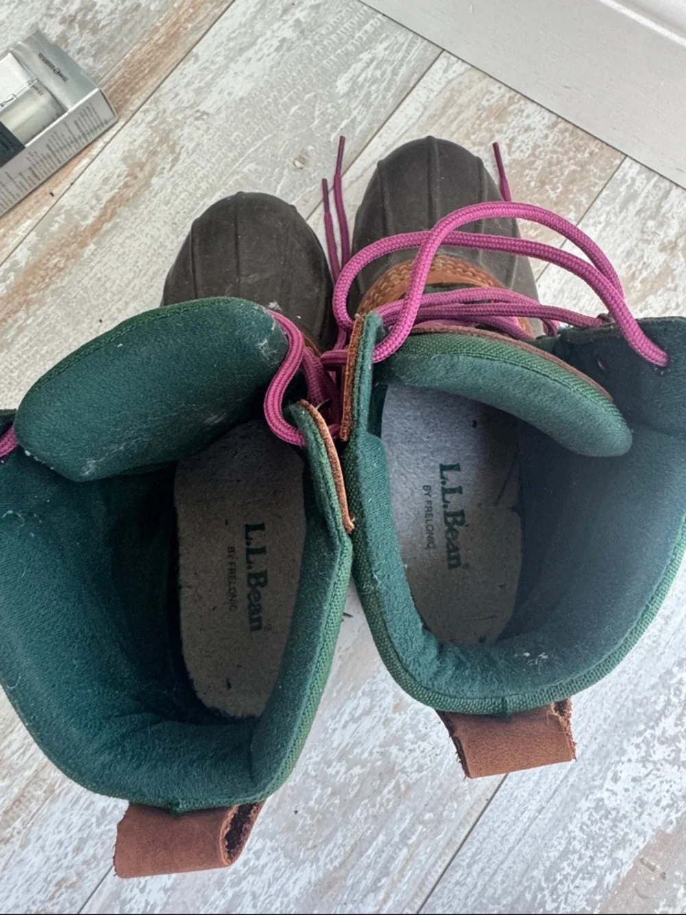 L.L. Bean Cushion Top Bean Boots  Brown leather with green canvas accents
